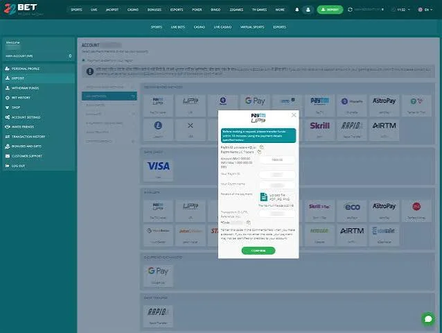 Interfaccia di deposito nell'area conto 22Bet