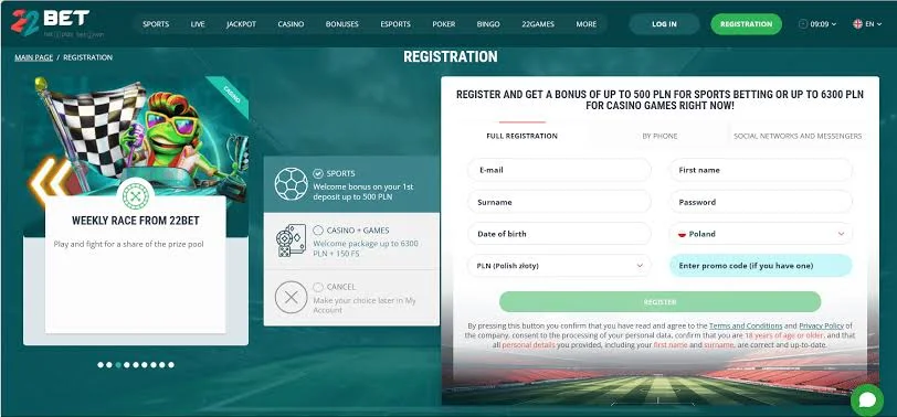 Modulo di registrazione sulla piattaforma 22Bet