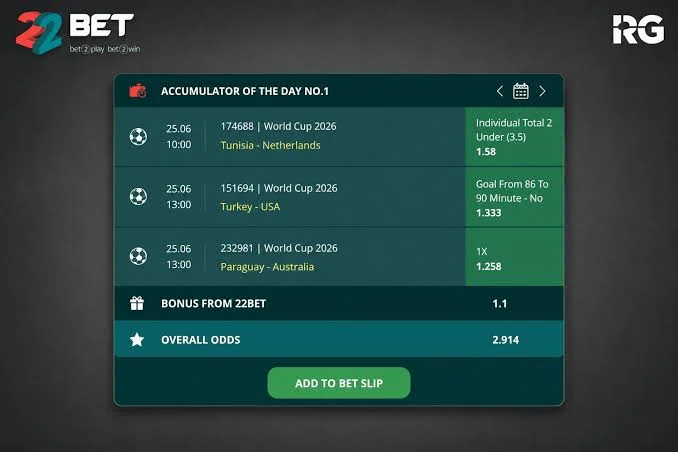 Schedina di scommessa multipla 22Bet con quote sportive
