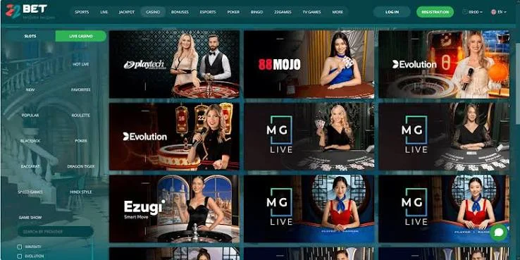 Sezione poker e tavoli live nel casinò 22Bet